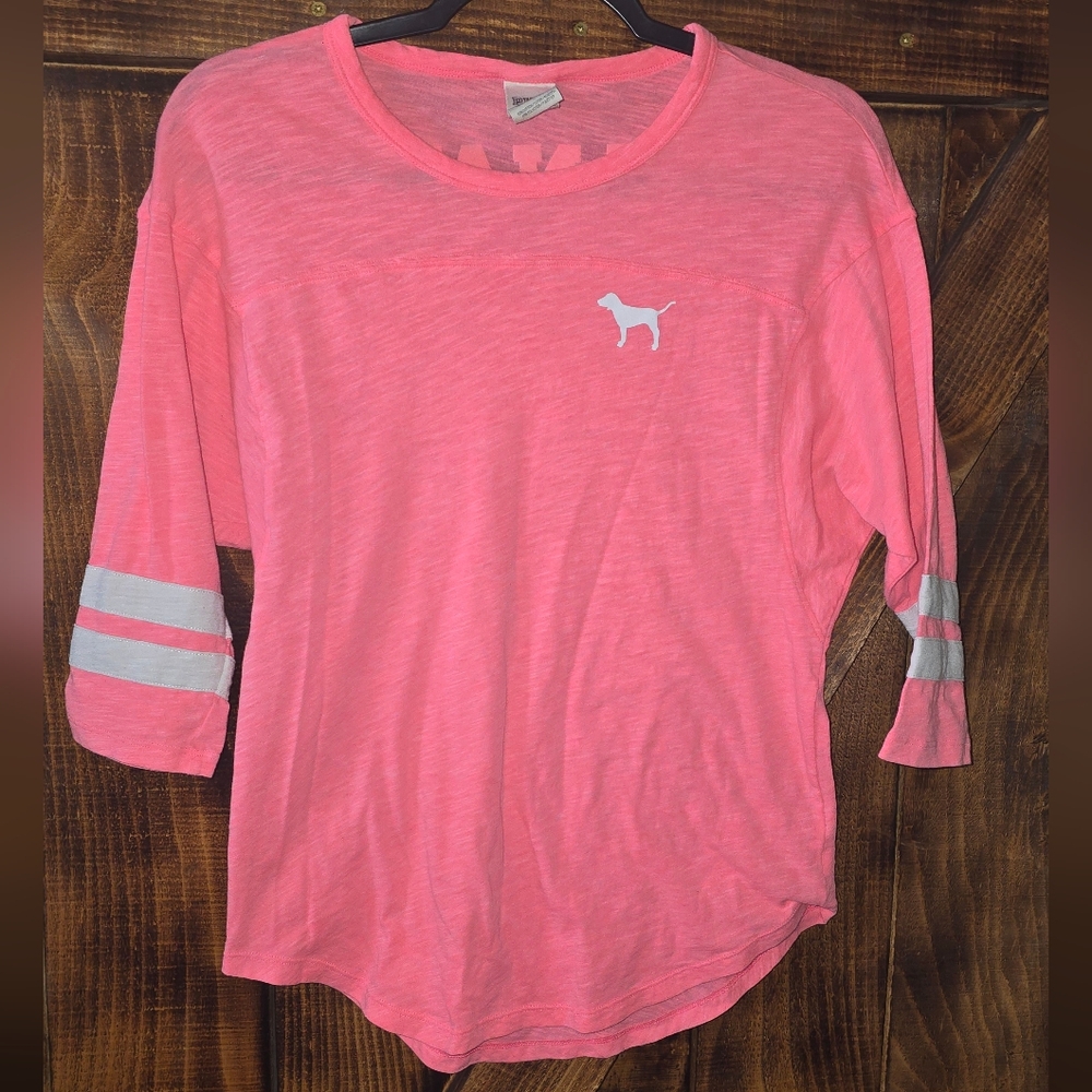 PINK Nation Tee XS Pink 3/4 Sleeve Striped Logo Shirt